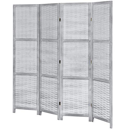 MyGift Privacy Screen, 4-Panel 6ft Vintage Gray Wood & Whitewashed Woven Bamboo Room Divider Screen