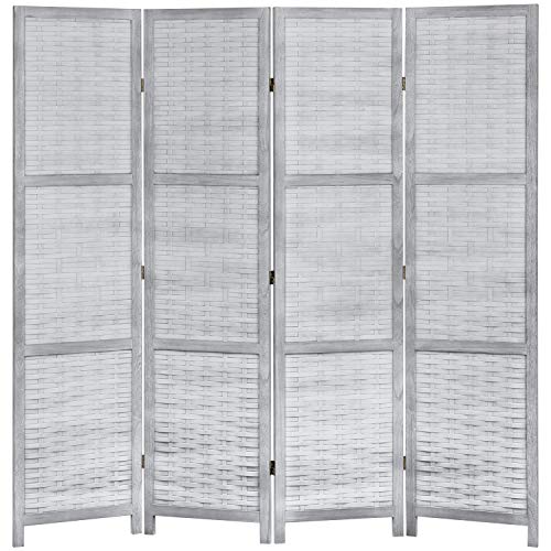 MyGift Privacy Screen, 4-Panel 6ft Vintage Gray Wood & Whitewashed Woven Bamboo Room Divider Screen