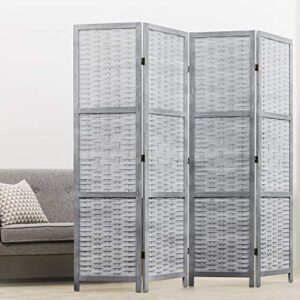 MyGift Privacy Screen, 4-Panel 6ft Vintage Gray Wood & Whitewashed Woven Bamboo Room Divider Screen