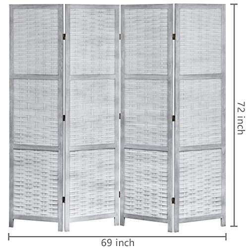 MyGift Privacy Screen, 4-Panel 6ft Vintage Gray Wood & Whitewashed Woven Bamboo Room Divider Screen