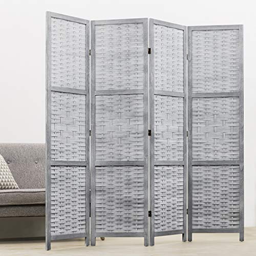 MyGift Privacy Screen, 4-Panel 6ft Vintage Gray Wood & Whitewashed Woven Bamboo Room Divider Screen