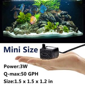 ILEBYGO 50 GPH 3W Mini Submersible Water Pump for Aquariums, Fish Tank,Wave Maker Pump, Pond, Fountain, Hydroponics