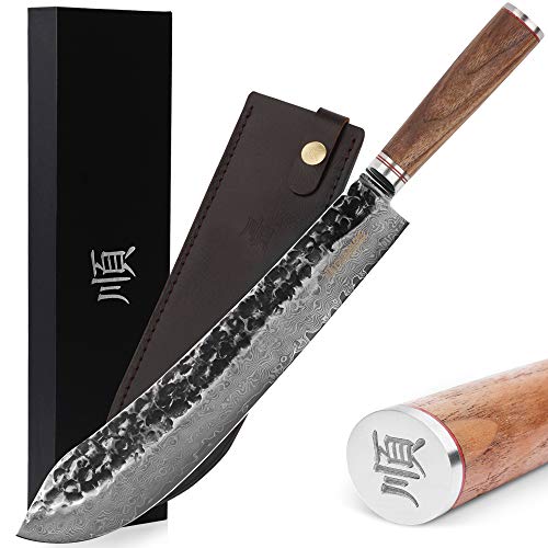 YOUSUNLONG Breaking Knives 12 inch Max Bull Nose Butcher Knife Japanese Hammered Damascus Steel Natural Walnut Wooden Handle