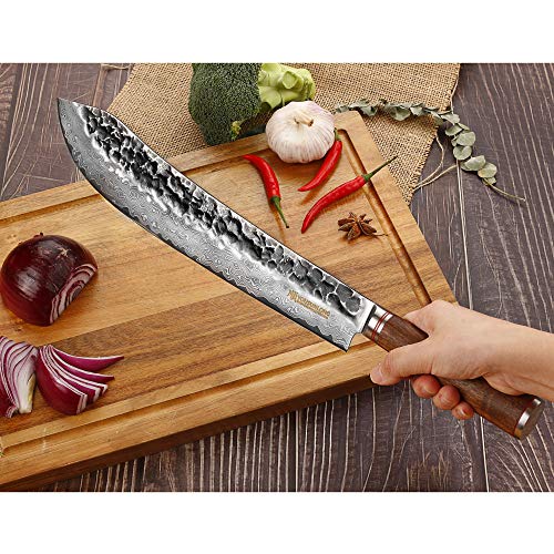 YOUSUNLONG Breaking Knives 12 inch Max Bull Nose Butcher Knife Japanese Hammered Damascus Steel Natural Walnut Wooden Handle