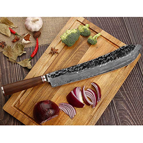 YOUSUNLONG Breaking Knives 12 inch Max Bull Nose Butcher Knife Japanese Hammered Damascus Steel Natural Walnut Wooden Handle