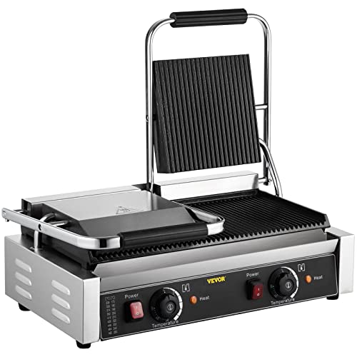 Happybuy 110V Commercial Sandwich Panini Press Grill 2X1800W Temperature Control 122°F-572°F Commercial Panini Grill for Hamburgers Steaks Bacons (Double Grooved Plates）