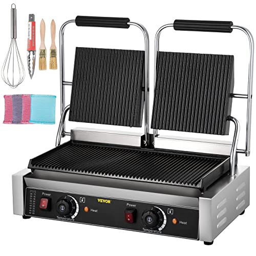 Happybuy 110V Commercial Sandwich Panini Press Grill 2X1800W Temperature Control 122°F-572°F Commercial Panini Grill for Hamburgers Steaks Bacons (Double Grooved Plates）