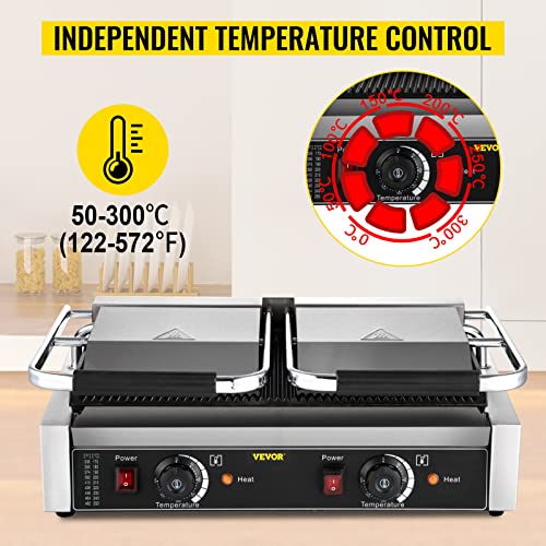 Happybuy 110V Commercial Sandwich Panini Press Grill 2X1800W Temperature Control 122°F-572°F Commercial Panini Grill for Hamburgers Steaks Bacons (Double Grooved Plates）