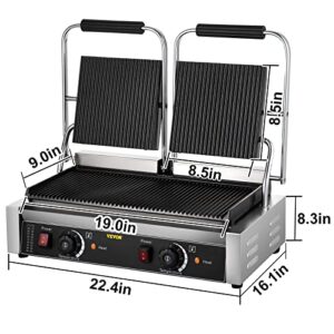 Happybuy 110V Commercial Sandwich Panini Press Grill 2X1800W Temperature Control 122°F-572°F Commercial Panini Grill for Hamburgers Steaks Bacons (Double Grooved Plates）