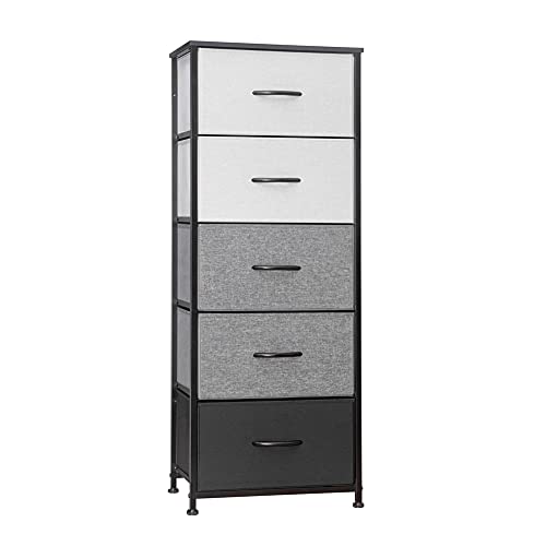 Crestlive Products Vertical Dresser Storage Tower - Sturdy Steel Frame, Wood Top, Easy Pull Fabric Bins, Wood Handles - Organizer Unit for Bedroom, Hallway, Entryway, Closets - 5 Drawers (Black&Gray)