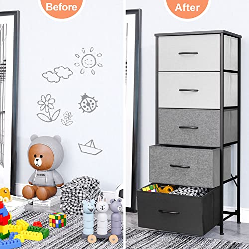 Crestlive Products Vertical Dresser Storage Tower - Sturdy Steel Frame, Wood Top, Easy Pull Fabric Bins, Wood Handles - Organizer Unit for Bedroom, Hallway, Entryway, Closets - 5 Drawers (Black&Gray)