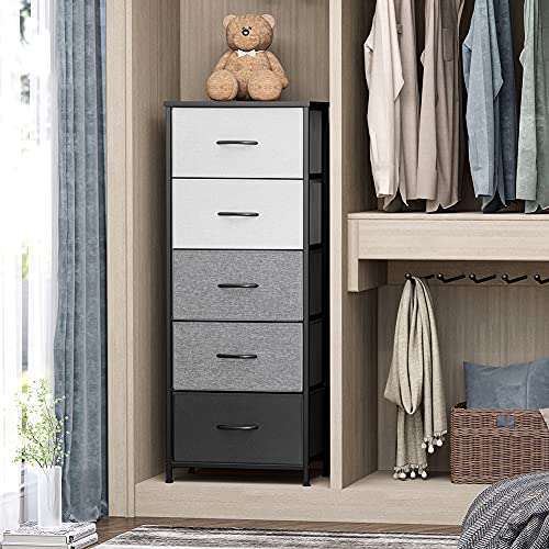 Crestlive Products Vertical Dresser Storage Tower - Sturdy Steel Frame, Wood Top, Easy Pull Fabric Bins, Wood Handles - Organizer Unit for Bedroom, Hallway, Entryway, Closets - 5 Drawers (Black&Gray)