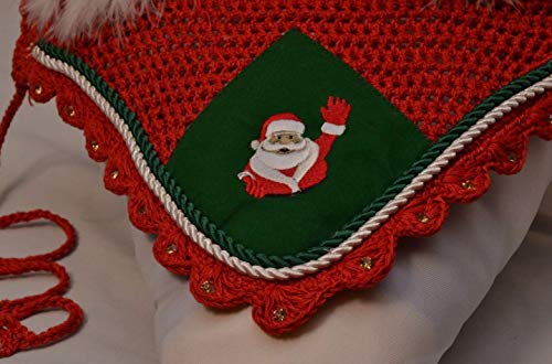 Lift Sports Horse Christmas Santa Claus Saddle PAD Set with Matching Fly Bonnet Ear NET Cotton Hand Made Crochet Fly Veil Hood MASK Equestrian Shows Breathable Cotton (Full/Horse)