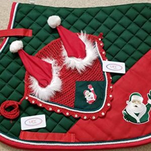 Lift Sports Horse Christmas Santa Claus Saddle PAD Set with Matching Fly Bonnet Ear NET Cotton Hand Made Crochet Fly Veil Hood MASK Equestrian Shows Breathable Cotton (Full/Horse)