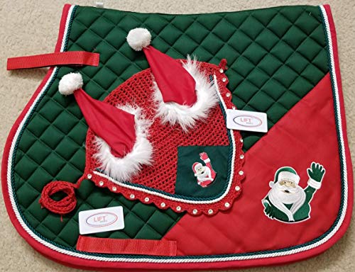 Lift Sports Horse Christmas Santa Claus Saddle PAD Set with Matching Fly Bonnet Ear NET Cotton Hand Made Crochet Fly Veil Hood MASK Equestrian Shows Breathable Cotton (Full/Horse)