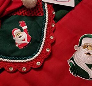 Lift Sports Horse Christmas Santa Claus Saddle PAD Set with Matching Fly Bonnet Ear NET Cotton Hand Made Crochet Fly Veil Hood MASK Equestrian Shows Breathable Cotton (Full/Horse)