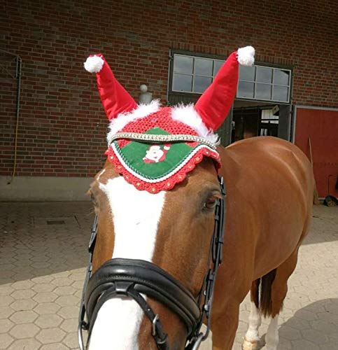 Lift Sports Horse Christmas Santa Claus Saddle PAD Set with Matching Fly Bonnet Ear NET Cotton Hand Made Crochet Fly Veil Hood MASK Equestrian Shows Breathable Cotton (Full/Horse)