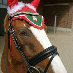 Lift Sports Horse Christmas Santa Claus Saddle PAD Set with Matching Fly Bonnet Ear NET Cotton Hand Made Crochet Fly Veil Hood MASK Equestrian Shows Breathable Cotton (Full/Horse)