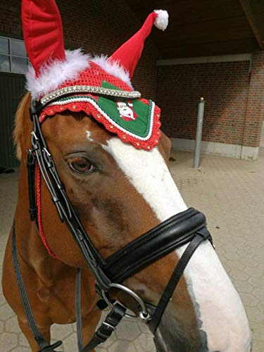 Lift Sports Horse Christmas Santa Claus Saddle PAD Set with Matching Fly Bonnet Ear NET Cotton Hand Made Crochet Fly Veil Hood MASK Equestrian Shows Breathable Cotton (Full/Horse)