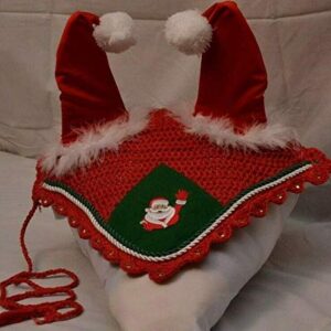 Lift Sports Horse Christmas Santa Claus Saddle PAD Set with Matching Fly Bonnet Ear NET Cotton Hand Made Crochet Fly Veil Hood MASK Equestrian Shows Breathable Cotton (Full/Horse)