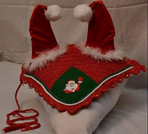 Lift Sports Horse Christmas Santa Claus Saddle PAD Set with Matching Fly Bonnet Ear NET Cotton Hand Made Crochet Fly Veil Hood MASK Equestrian Shows Breathable Cotton (Full/Horse)