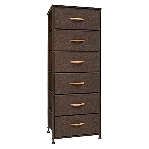 Crestlive Products Vertical Dresser Storage Tower - Sturdy Steel Frame, Wood Top, Easy Pull Fabric Bins, Wood Handles - Organizer Unit for Bedroom, Hallway, Entryway, Closets - 6 Drawers (Brown)