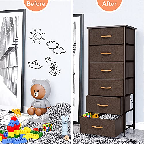 Crestlive Products Vertical Dresser Storage Tower - Sturdy Steel Frame, Wood Top, Easy Pull Fabric Bins, Wood Handles - Organizer Unit for Bedroom, Hallway, Entryway, Closets - 6 Drawers (Brown)