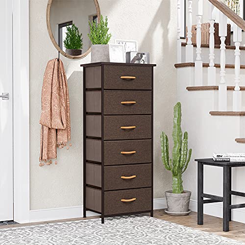 Crestlive Products Vertical Dresser Storage Tower - Sturdy Steel Frame, Wood Top, Easy Pull Fabric Bins, Wood Handles - Organizer Unit for Bedroom, Hallway, Entryway, Closets - 6 Drawers (Brown)