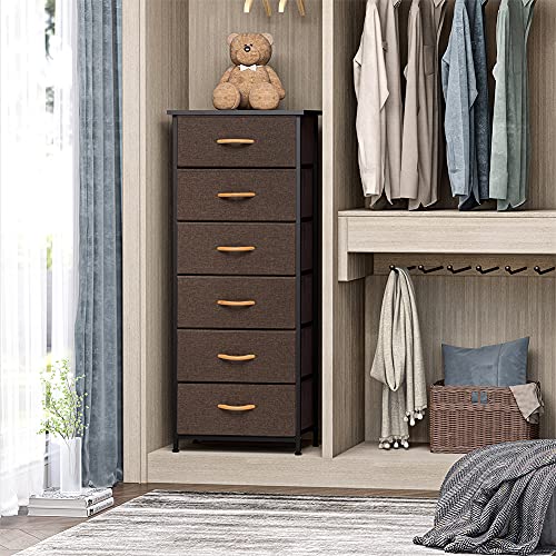 Crestlive Products Vertical Dresser Storage Tower - Sturdy Steel Frame, Wood Top, Easy Pull Fabric Bins, Wood Handles - Organizer Unit for Bedroom, Hallway, Entryway, Closets - 6 Drawers (Brown)