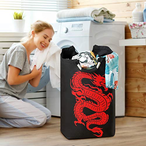 YYZZH Red Chinese Dragon On Black Large Laundry Bag Basket Shopping Bag Collapsible Polyester Laundry Hamper Foldable Clothes Bag Folding Washing Bin