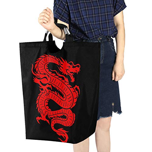 YYZZH Red Chinese Dragon On Black Large Laundry Bag Basket Shopping Bag Collapsible Polyester Laundry Hamper Foldable Clothes Bag Folding Washing Bin