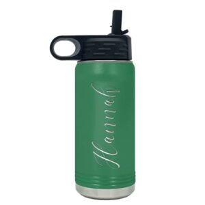 Personalized Bottle 20 oz with Straw Green Custom Laser Engraved Stainless Steel Vacuum Insulated Sport Bottle with Name