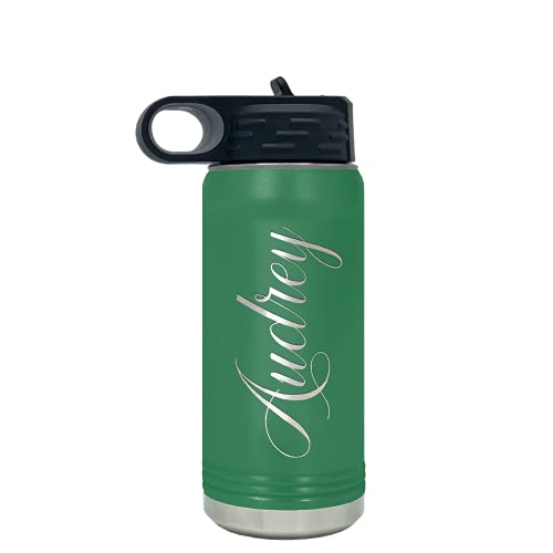 Personalized Bottle 20 oz with Straw Green Custom Laser Engraved Stainless Steel Vacuum Insulated Sport Bottle with Name