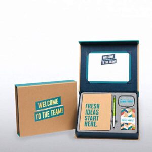 cheersville new employee welcome gift set kit - signable certificate, small bound journal, blue ink retractable ballpoint click pen, 6 praise cards, breath mints