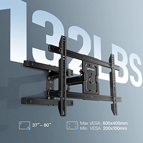 PERLESMITH Full Motion TV Wall Mount for 37-80 inch TVs up to 132 lbs, Smooth Tilt Swivel and Extension, Dual Articulating Arms, Max VESA 600x400, 16" Wood Studs, PSLFK5