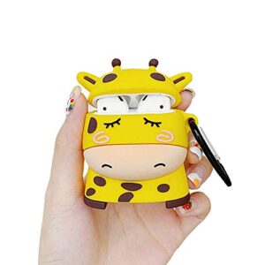toubn wireless charging earphone case, cute cartoon giraffe design soft silicone full body protective cover for airpods 1 & 2, airpods protector with hook (giraffe)