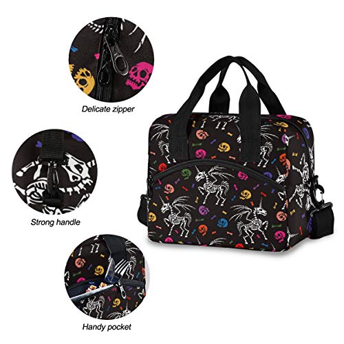 Unicorn Black Skull Lunch Bags for Women Skeleton Cooler Bag Halloween Gothic Durable Insulated Lunch Box Lunch Tote Bag for Office Work School Picnic 2040067