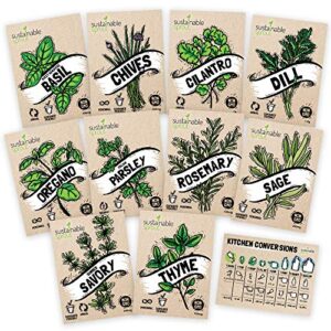 10-pack culinary herb seeds, non gmo herb garden seeds with parsley seeds, basil seeds, sage seeds, chives seeds, cilantro seeds, rosemary, thyme, dill, summer savory & oregano seeds for planting