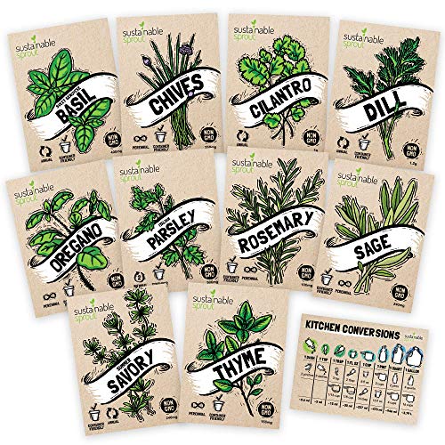 10-Pack Culinary Herb Seeds, Non GMO Herb Garden Seeds with Parsley Seeds, Basil Seeds, Sage Seeds, Chives Seeds, Cilantro Seeds, Rosemary, Thyme, Dill, Summer Savory & Oregano Seeds for Planting