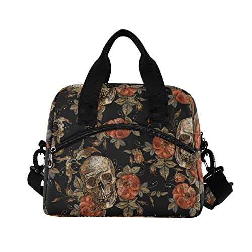 Halloween Skull Lunch Bags for Women/Men with Containers Gothic Skeleton Flowers Lunch Boxes Durable Insulated Lunch Box Large Lunch Tote Cooler Bags Use for Office Work School Picnic Holiday Gift