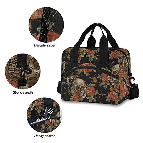 Halloween Skull Lunch Bags for Women/Men with Containers Gothic Skeleton Flowers Lunch Boxes Durable Insulated Lunch Box Large Lunch Tote Cooler Bags Use for Office Work School Picnic Holiday Gift