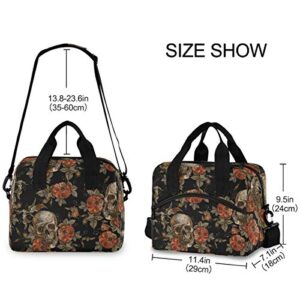 Halloween Skull Lunch Bags for Women/Men with Containers Gothic Skeleton Flowers Lunch Boxes Durable Insulated Lunch Box Large Lunch Tote Cooler Bags Use for Office Work School Picnic Holiday Gift