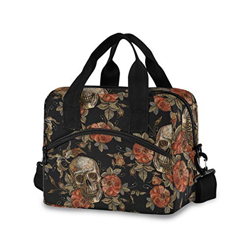 Halloween Skull Lunch Bags for Women/Men with Containers Gothic Skeleton Flowers Lunch Boxes Durable Insulated Lunch Box Large Lunch Tote Cooler Bags Use for Office Work School Picnic Holiday Gift