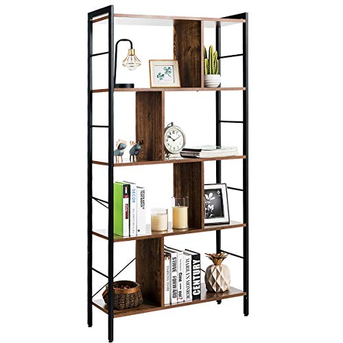 Giantex 4-Tier Bookshelf, Industrial Style Bookcase with Metal Frame, Free Standing Storage Display Shelves, Home Office Study Storage Rack Shelves with Dividers, Wood Shelving Unit (Rustic Brown)