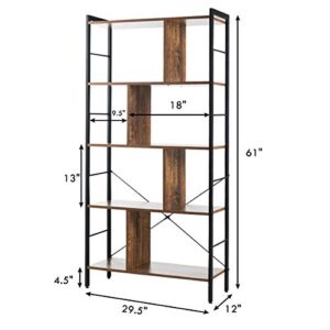 Giantex 4-Tier Bookshelf, Industrial Style Bookcase with Metal Frame, Free Standing Storage Display Shelves, Home Office Study Storage Rack Shelves with Dividers, Wood Shelving Unit (Rustic Brown)