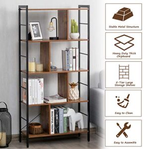 Giantex 4-Tier Bookshelf, Industrial Style Bookcase with Metal Frame, Free Standing Storage Display Shelves, Home Office Study Storage Rack Shelves with Dividers, Wood Shelving Unit (Rustic Brown)