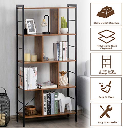 Giantex 4-Tier Bookshelf, Industrial Style Bookcase with Metal Frame, Free Standing Storage Display Shelves, Home Office Study Storage Rack Shelves with Dividers, Wood Shelving Unit (Rustic Brown)