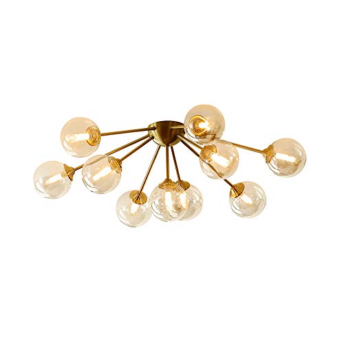 KCO Lighting Glass Ceiling Light Modern 10-Light Glass Chandeliers Mid Century Brass Close to Ceiling lamp for Bedroom Living Room (10 Lights)