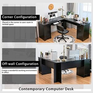 Tangkula L Shaped Office Desk, 66.5 Inches Corner Computer Desk with Storage Drawers & Cabinet, Home Office Desk with Pull-Out Keyboard Tray, Space-Saving Computer Workstation