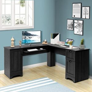 Tangkula L Shaped Office Desk, 66.5 Inches Corner Computer Desk with Storage Drawers & Cabinet, Home Office Desk with Pull-Out Keyboard Tray, Space-Saving Computer Workstation
